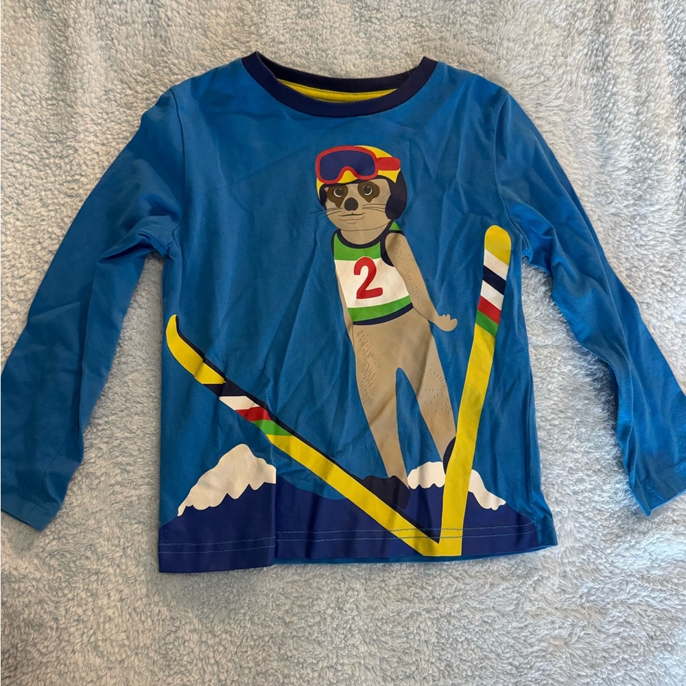 Mini Boden Blue Long Sleeve Tee with Skiing Animal Design